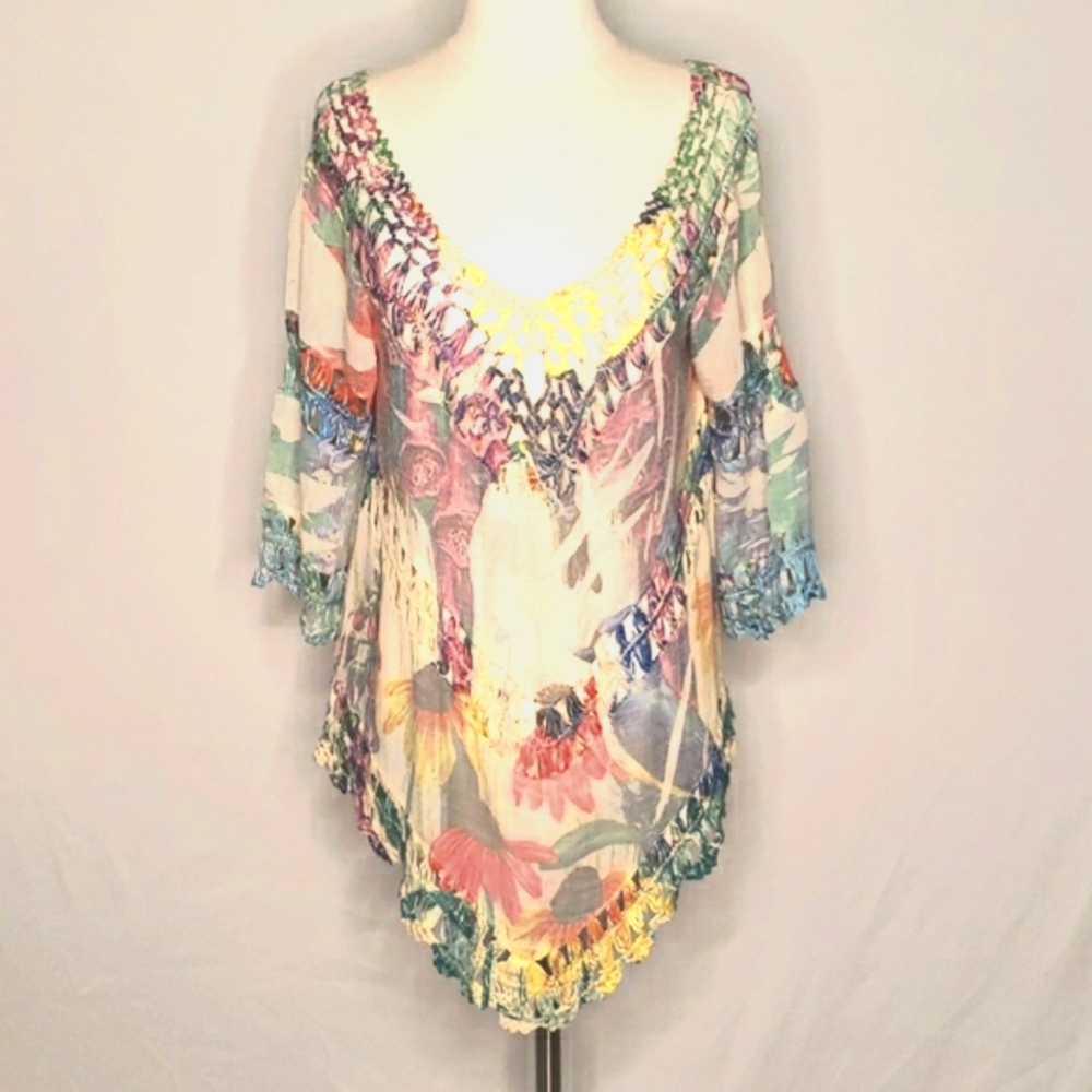 Anthropologie Dor Dor Couture Crochet Rainbow Print Tunic Top Size S - Picture 2 of 6